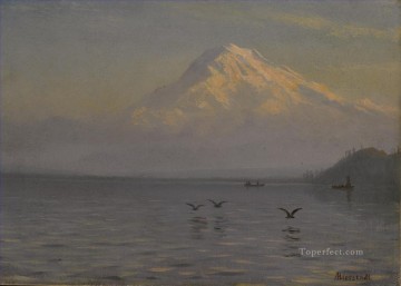 150の主題の芸術作品 Painting - 漁師とレーニア山の眺め アメリカのアルバート ビアシュタット湖の風景